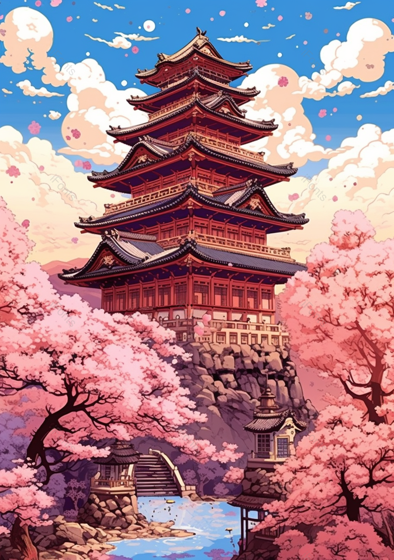 古塔小溪两旁的桃花盛开中国风插画背景,插画/手绘图,插画/手绘图库,插画/手绘图下载,插画/手绘